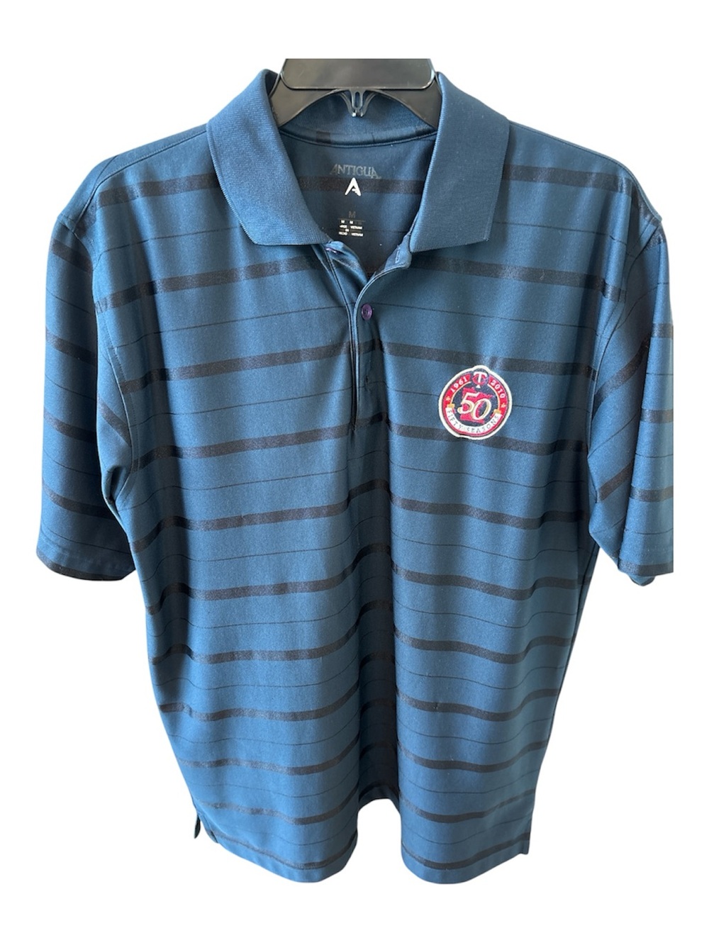 Antigua Men’s Navy Blue Striped Polo with Minnesota Twins 50th Anniversary Patch